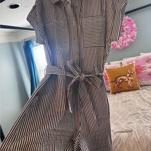 Striped Brown and White Tie-Waist Romper